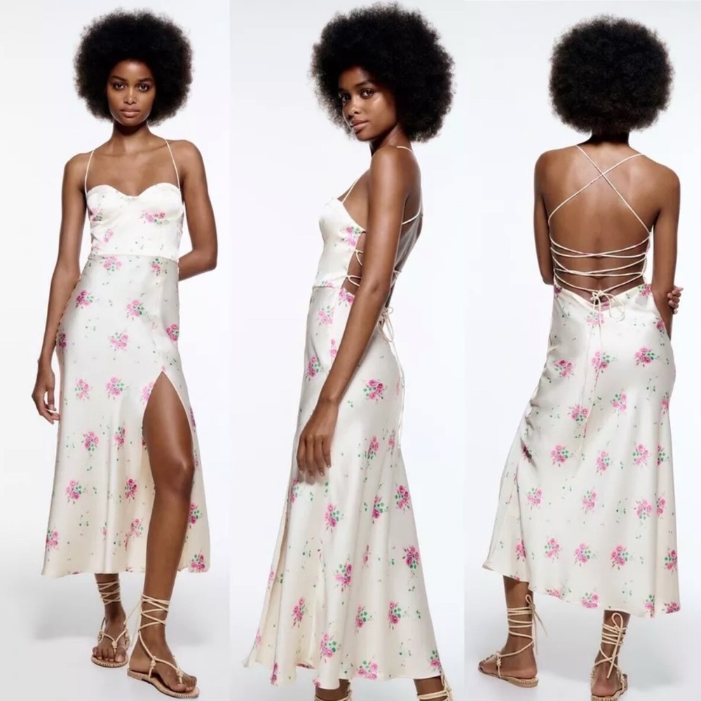SMALL ZARA BUSTIER SATIN MIDI DRESS FLORAL PRINT STRAPPY ECRU WHITE